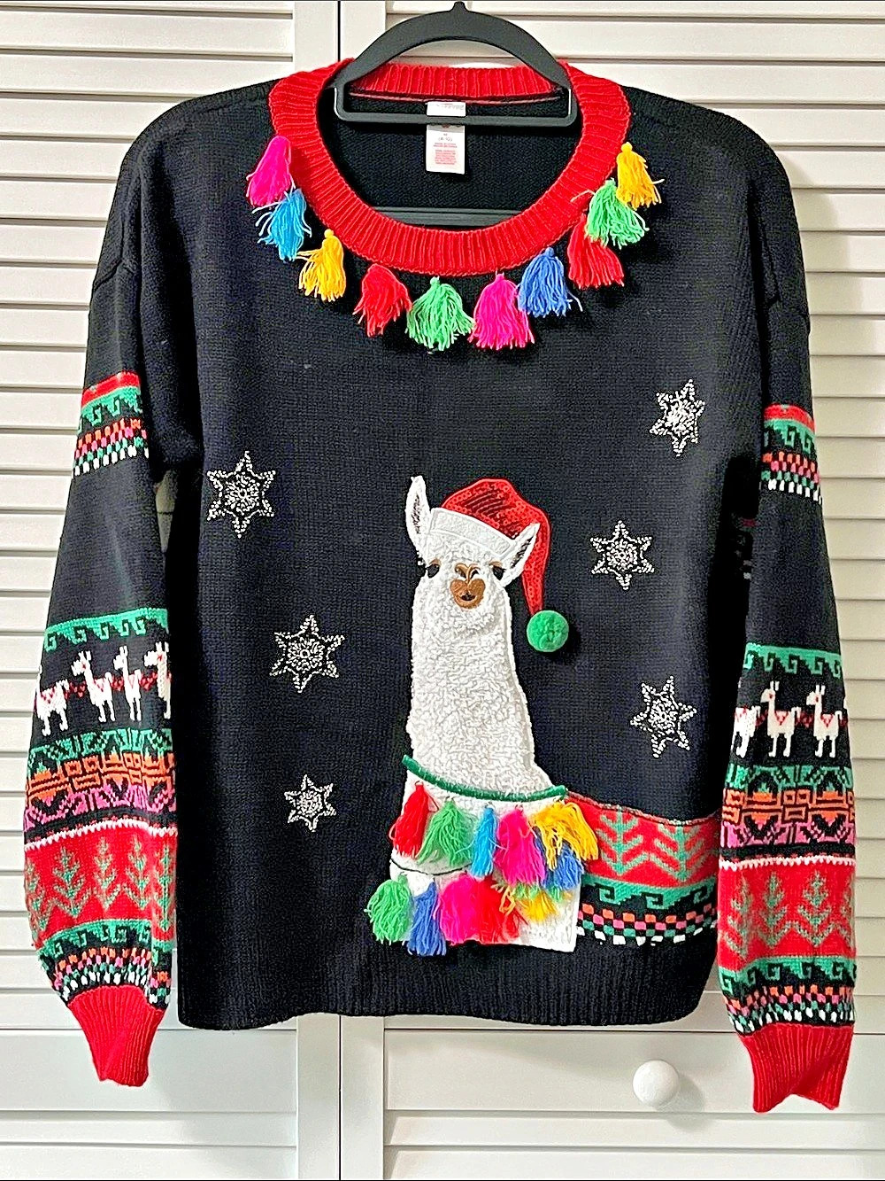 Holiday Time Llama Ugly Christmas Sweater Black & Red Medium